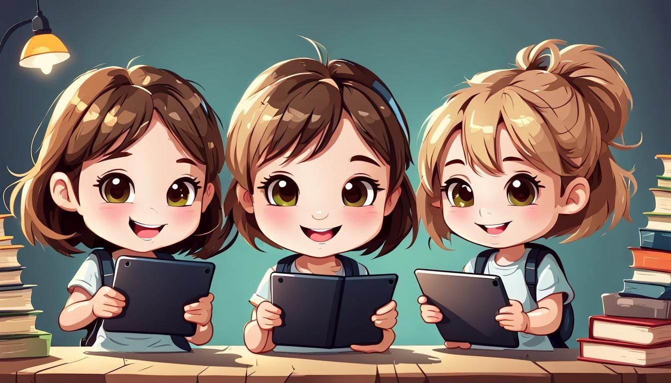  happy students reading stories on tablets, cartoon style. cute chibi