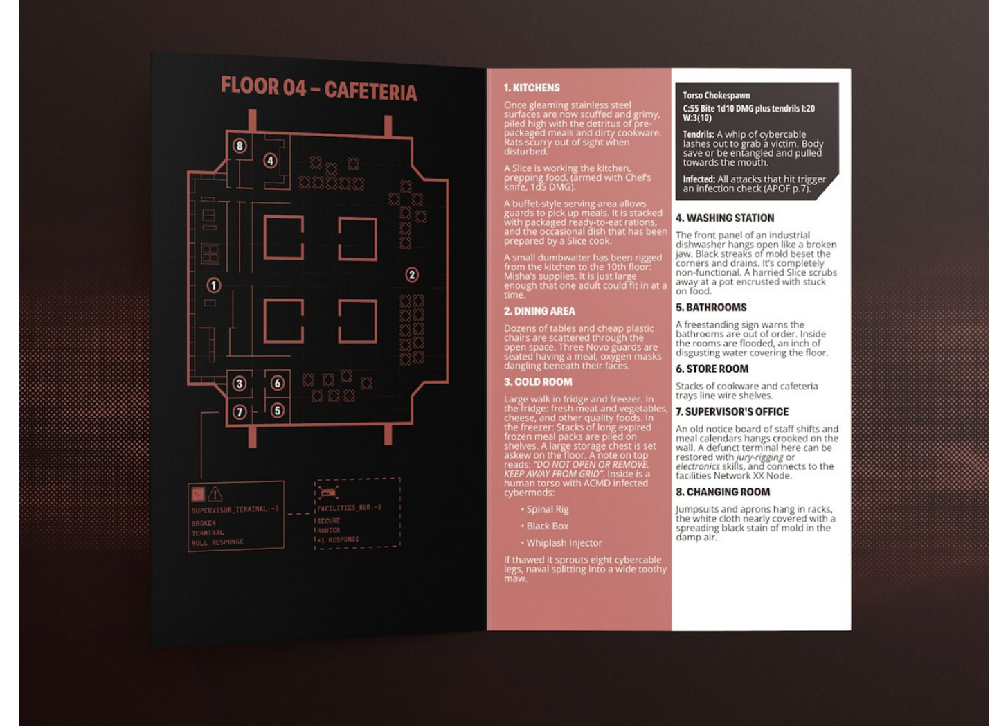 An interior spread mockup of the zine. One page features a map of the tower floor, and the facing page contains the key.