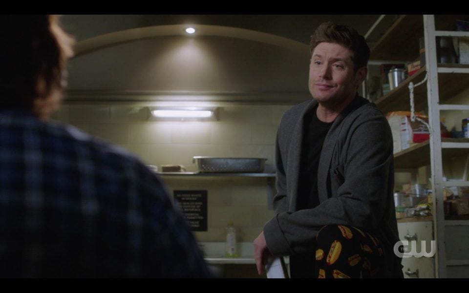 Dean Winchester in dead guy robe with hot dog pajamas SPN