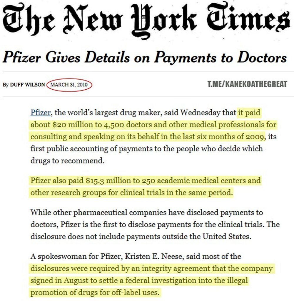2 new york times pfizer payments doctors