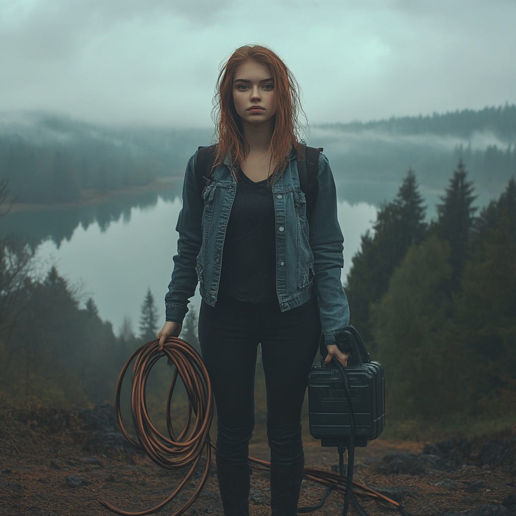 A realistic image of a young woman standing on a hill. In the background there is a quite lake. In her hand she is holding a large cable with a big plug.