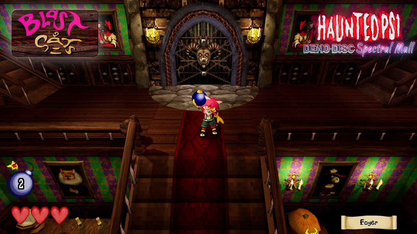 Blast Cats from the Haunted PS1 Demo Disc: Spectral Mall. A pink, humanoid cat with blue shorts and yellow gloves holds a round bomb overhead, standing at the top of a staircase in a spooky mansion foyer. A chained-up door depicting a smiling demon head is behind the cat.