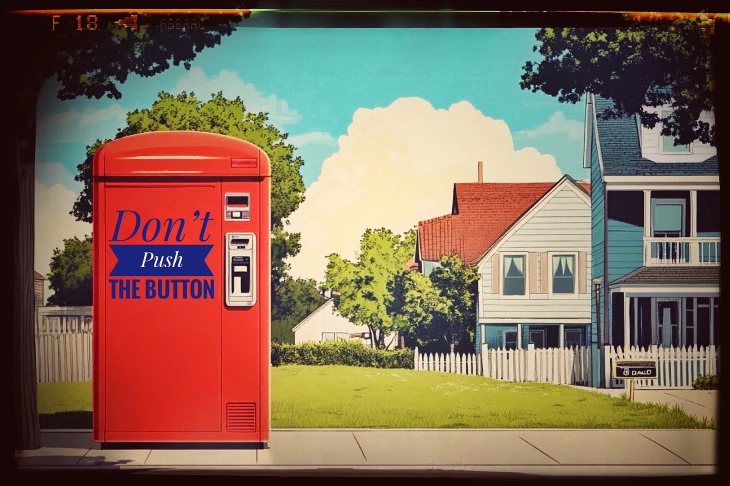 A computer generated image in illustrative style of a bright red vending machine sitting on the corner of a sidewalk in a peaceful looking neighborhood. The vending machine has large blue and white letters that read 'Don't Push The Button'.