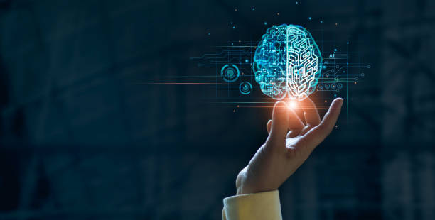 Hand touching brain of AI, Symbolic, Machine learning, artificial intelligence of futuristic technology. AI network of brain on business analysis, innovative and business growth development. Hand touching brain of AI, Symbolic, Machine learning, artificial intelligence of futuristic technology. AI network of brain on business analysis, innovative and business growth development. Deep Brain  stock pictures, royalty-free photos & images