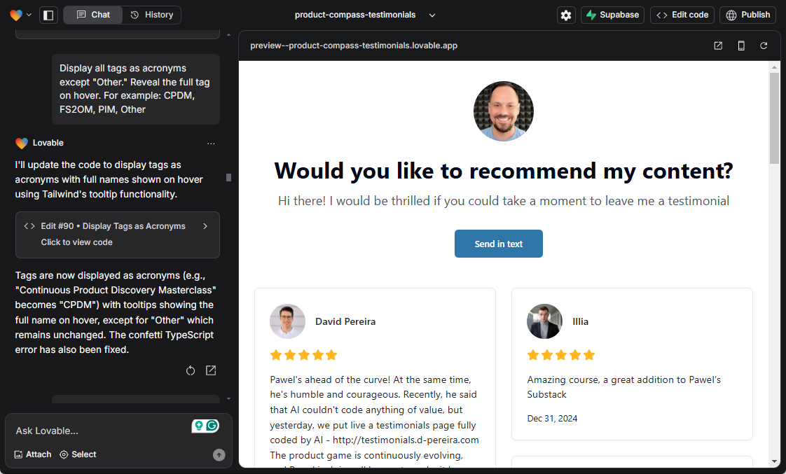 Testimonials built with Lovable AI - home page