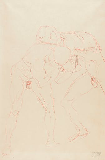 Gustav Klimt, ‘Zwei ringende Männerakte (Two Wrestling Male Nudes)’, 1904-05, colored pencil on paper, 56.3 x 37.2cm. Photo © Sotheby’s Gustav Klimt, ‘Zwei ringende Männerakte (Two Wrestling Male Nudes)’, 1904-05, colored pencil on paper, 56.3 x 37.2cm. Photo © Sotheby’s