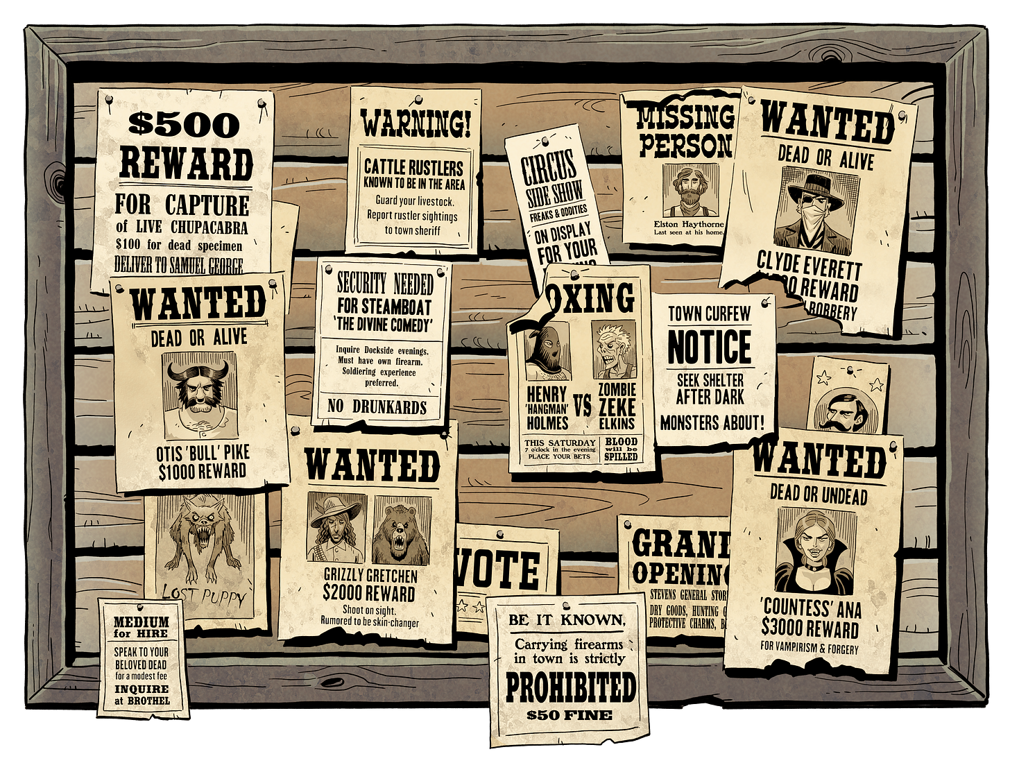 A wooden sign board with multiple torn and aged paper fliers with printed bounties and activities occurring in town. 