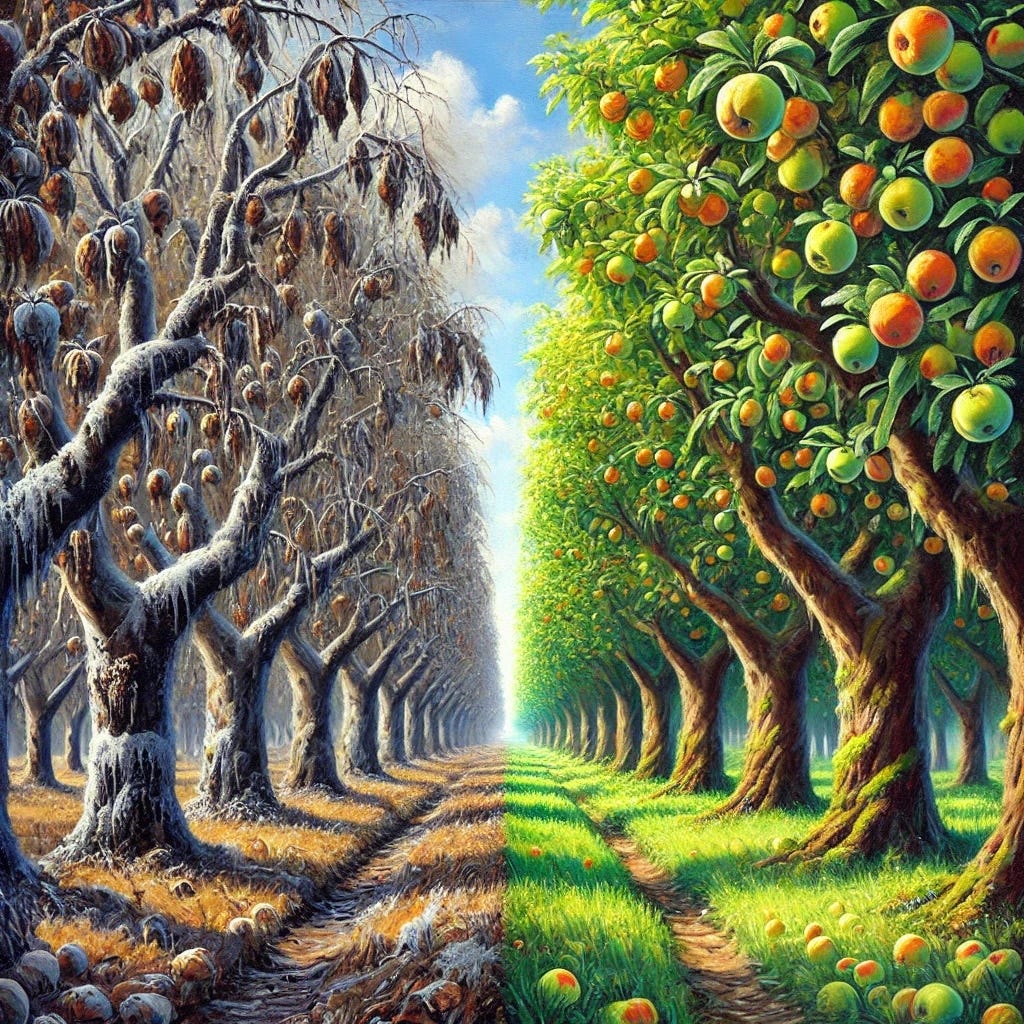 An expressive oil painting of two large orchards side by side. The left orchard represents the 'treated' orchard, showing trees with severe signs of disease: sparse fruit, heavily yellowed and withered leaves, drooping and twisted branches, dark spots, decay, and fungal growth. The overall appearance should be bleak and unhealthy, with some trees appearing almost dead. In contrast, the right orchard represents the 'untreated' orchard, filled with lush, vibrant trees that are healthy and bearing abundant fruit. The trees here should have dense, green foliage, standing tall and strong. A subtle overspray effect touches the edge of the untreated orchard, causing minor stress in a few trees. The sky is bright and clear to emphasize the stark contrast in health and vitality between the two orchards. Use bold, dynamic brushstrokes and rich colors to intensify the dramatic difference.