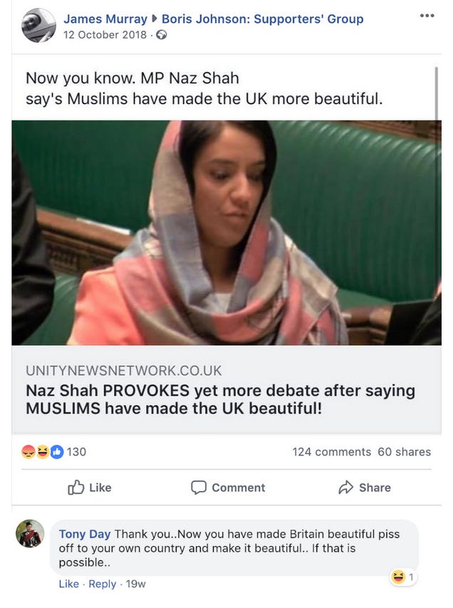 Boris Johnson Supporters' Group Naz Shah "piss off to your own country"