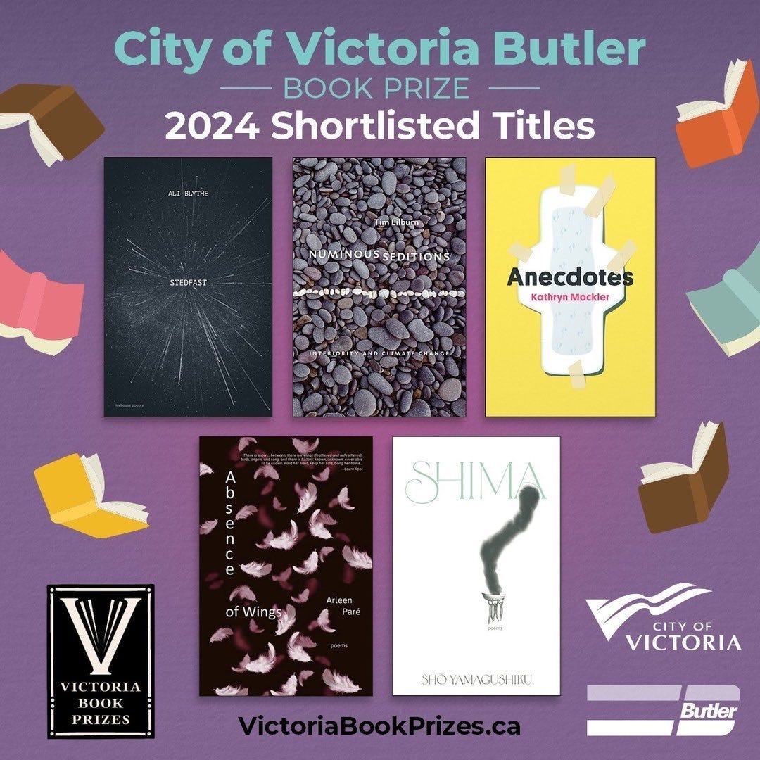  The $5,000 City of Victoria Butler Book Prize honours a writer from the Capital Regional District for the best book published in fiction, non-fiction, or poetry. This year's finalists are:  • Ali Blythe for Stedfast (Poetry), Goose Lane Editions  • Tim Lilburn for Numinous Seditions: Interiority and Climate Change (Non-fiction), University of Alberta Press  • Kathryn Mockler for Anecdotes, (Fiction), Book*Hug Press  • Arleen Paré for Absence of Wings (Poetry), Caitlin Press  • shō  yamagushiku for shima (Poetry), Penguin Random House 