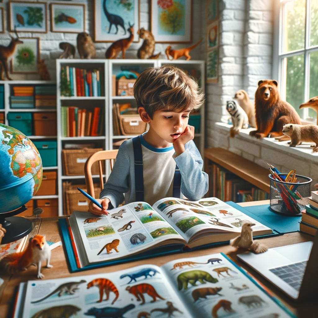 A captivating scene of a curious 7-year-old boy independently learning about animals. He's sitting at a desk in his bedroom, surrounded by colorful books and animal models. An open encyclopedia lies in front of him, displaying a vibrant illustration of different animal species. Beside him, a globe and a laptop show more information, highlighting his eagerness to explore the world of animals. His expression is one of focused curiosity as he reads, occasionally jotting down notes in a notebook. The room is filled with natural light, creating a bright and inspiring environment for learning. The shelves are stocked with more books and a few nature-themed posters adorn the walls, emphasizing his passion for understanding the animal kingdom.