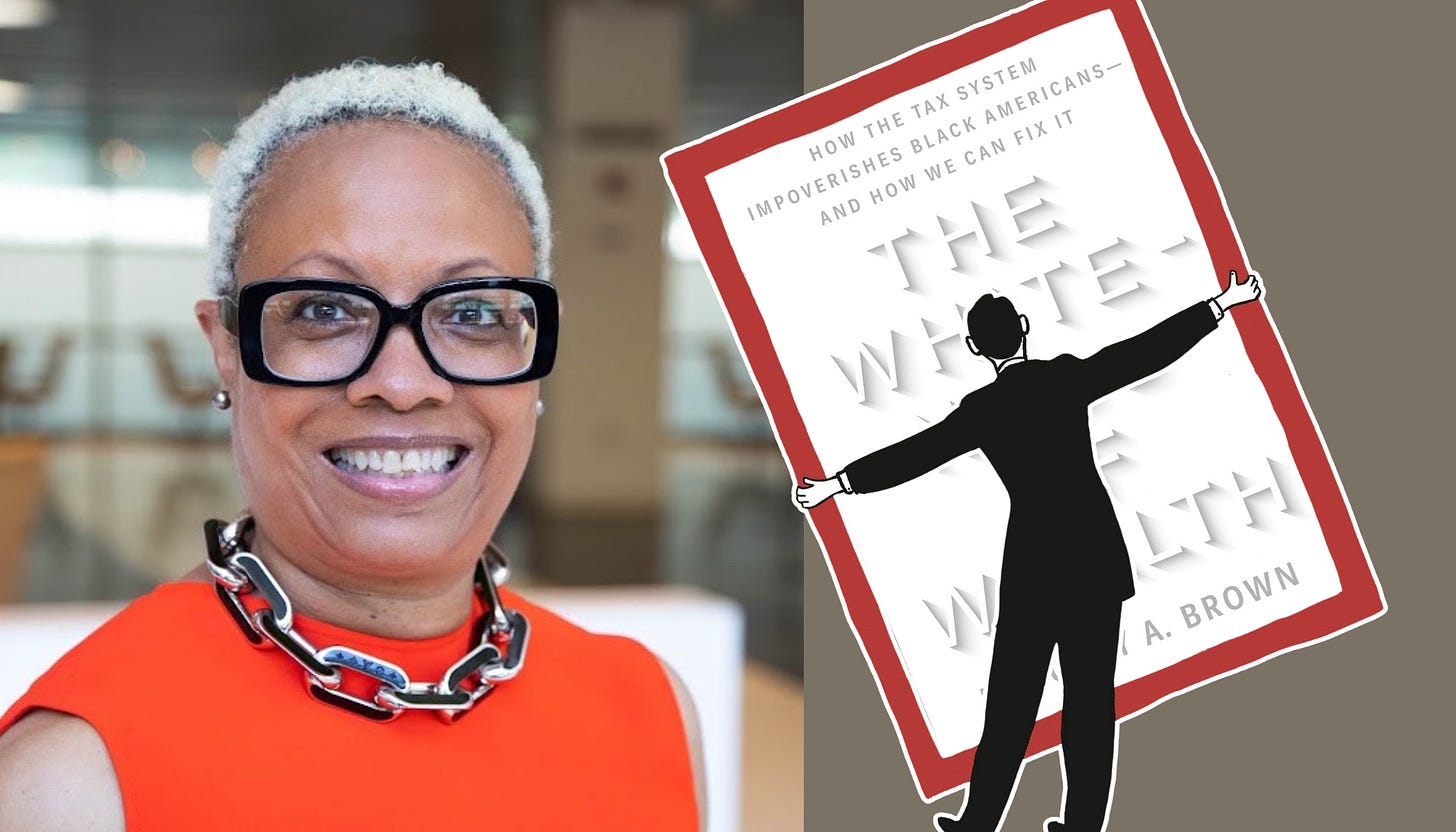 A profile photo of Dorothy A. Brown and the cover of 'The Whiteness of Wealth.'