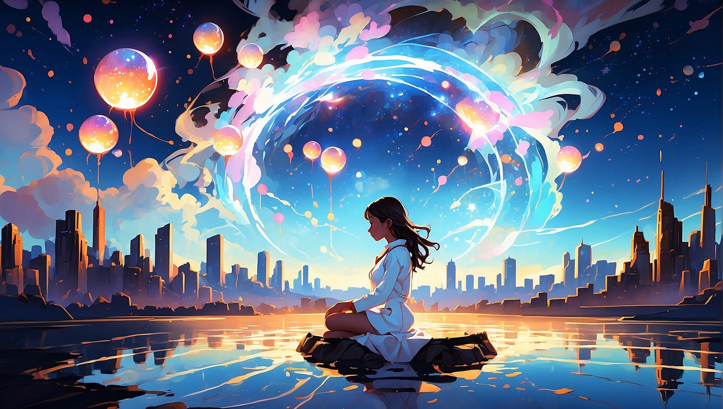 A lone dreamer sits eyes closed conjuring a glowing orb that transforms into streams of light shaping the outline of a future city, representing imagination manifesting reality. Abstract sparks and celestial shapes fill the expansive, mystical scene. The person radiates an aura of potential and belief.