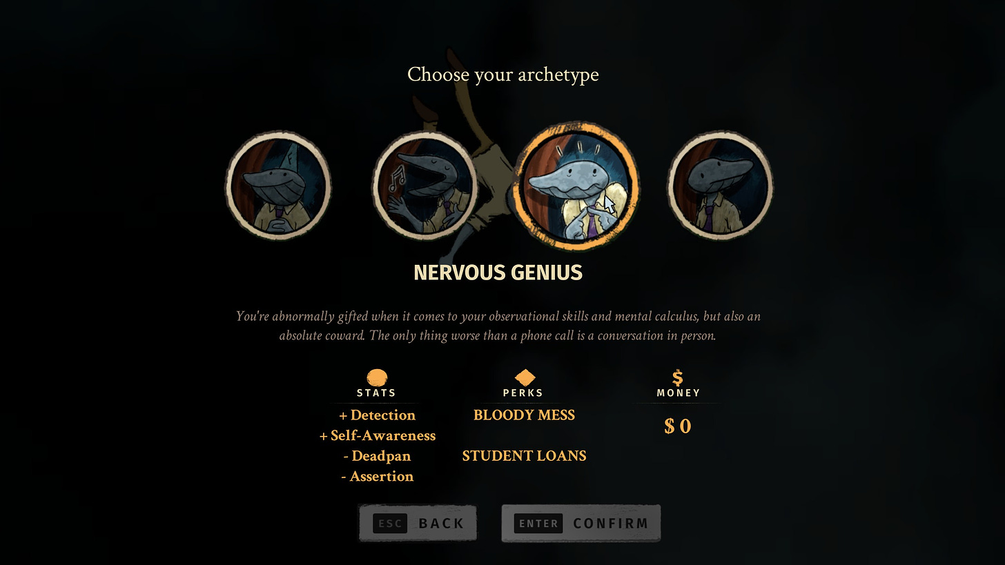 A screenshot of the upcoming game Clam Man 2: Headliner showing the archetype menu at the beginning. The archetype chosen is "Nervous Genius".