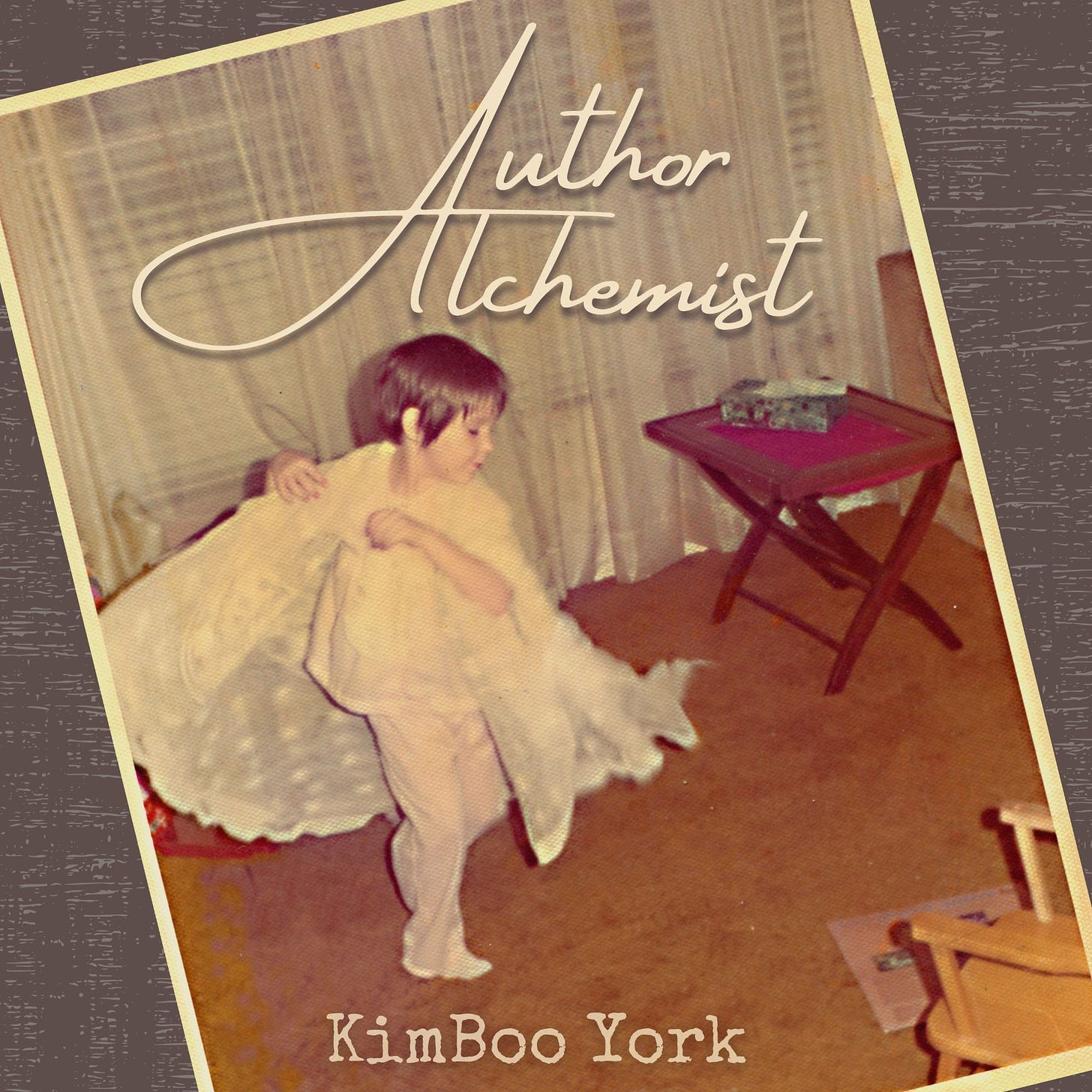Podcast cover for Author Alchemist podcast, featuring a photo of KimBoo at around 5 years old, dancing around