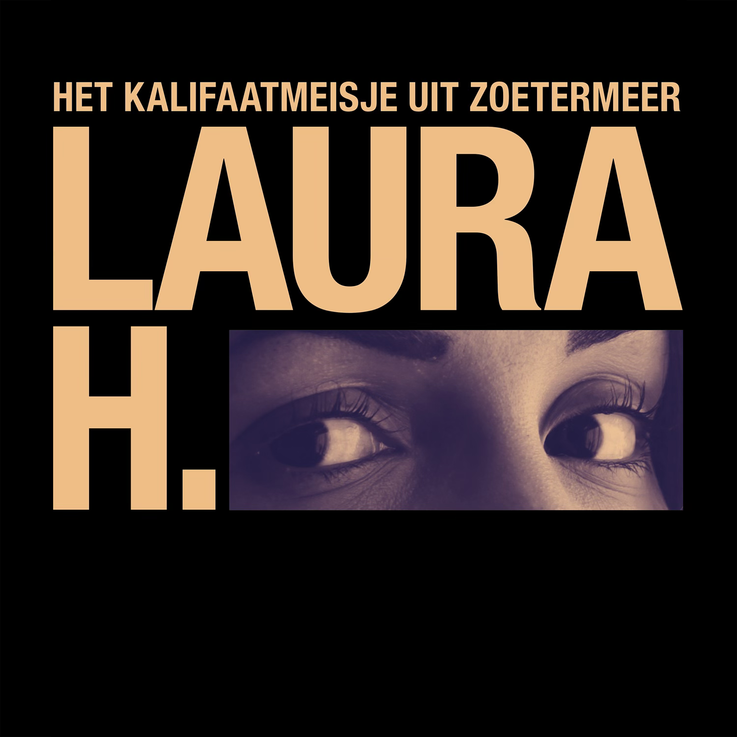 artwork van laura h. Je ziet de titel in oranjegeel tegen een zwarte achtergrond, en een foto van de ogen van Laura H waar normaliter een balkje zou zitten om iemand anoniem te houden