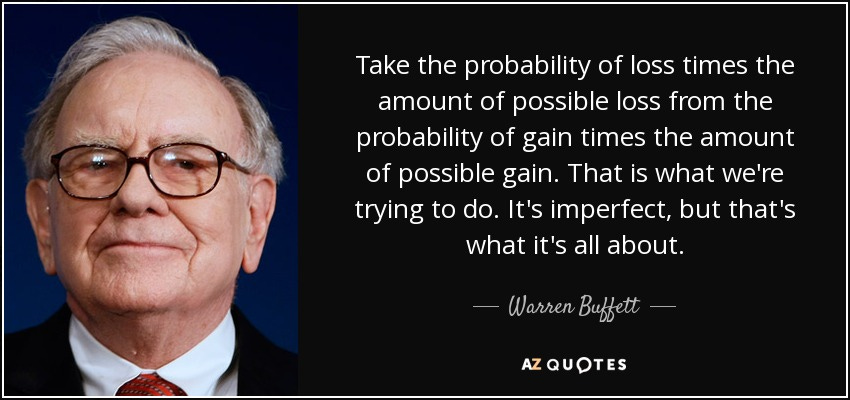 Take the probability of loss times the amount of possible loss from the probability of gain times the amount of possible gain. That is what we're trying to do. It's imperfect, but that's what it's all about. - Warren Buffett