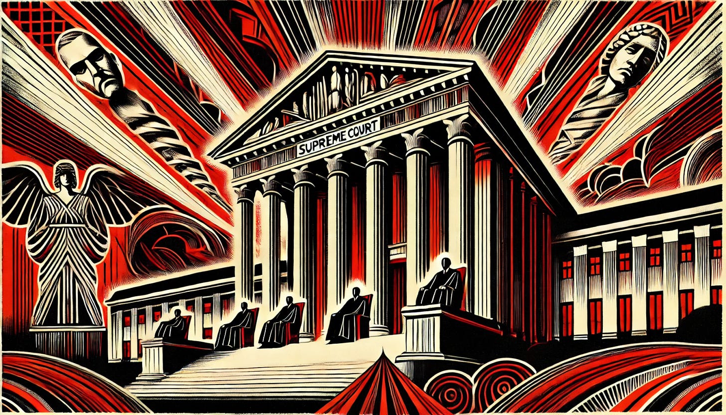 An Art Deco style illustration with expressionist influence, using predominantly red and black colors to depict the essence of the text about the Supreme Court. The scene features a grand Supreme Court building with prominent, bold lines. The judges are depicted as authoritative figures, intervening in the political agenda. The background is filled with dramatic red and black contrasts, symbolizing the significant impact of their actions. The overall atmosphere is serious and intense but not overly sinister, reflecting the gravity of their decisions without being overly menacing.
