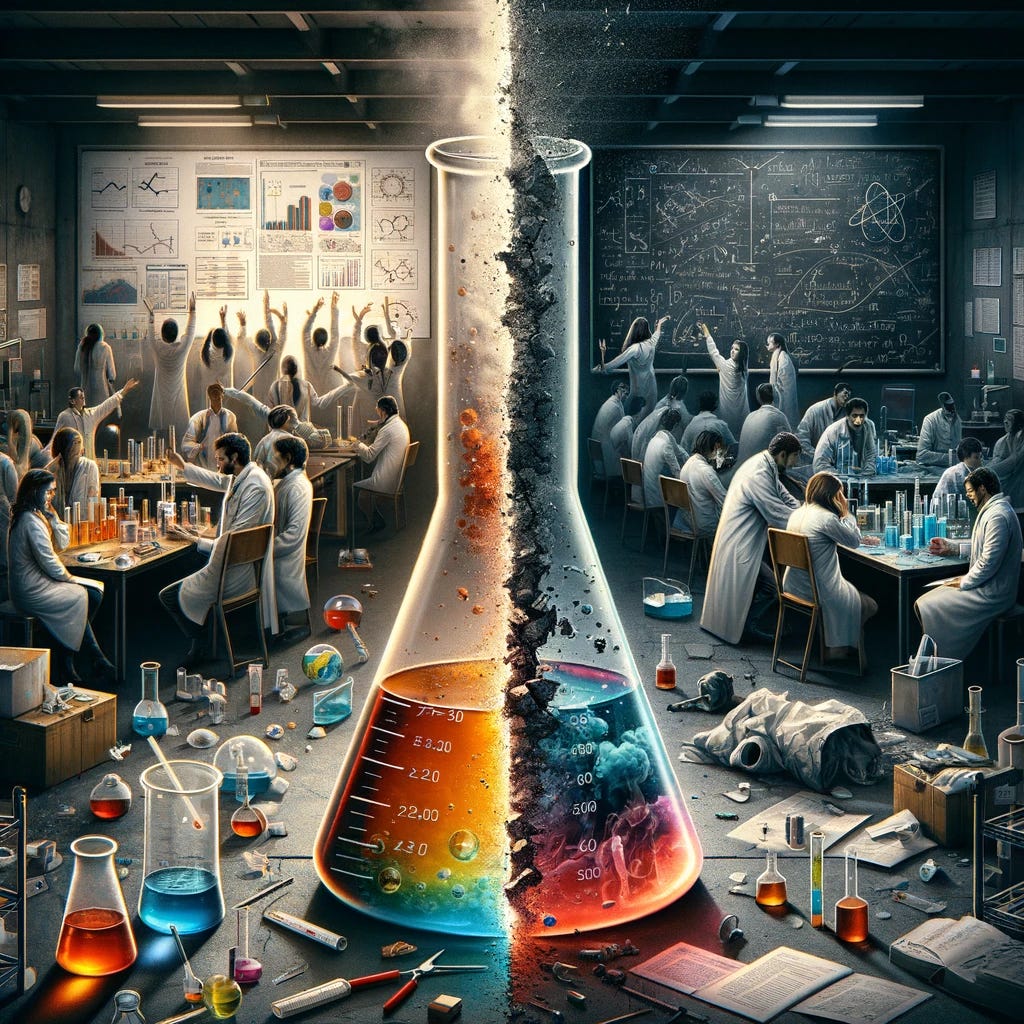 A visually striking and thought-provoking cover art for a blog post about the replication crisis. The image features a split scene. On one side, a pristine laboratory with scientists in white coats celebrating a successful experiment, with clear, colorful chemical reactions in beakers and a prominent display of scientific charts and data. On the other side, a shadowy and cluttered lab with frustrated scientists surrounded by discarded papers, broken equipment, and a chalkboard filled with crossed-out equations, symbolizing failed attempts to replicate the initial findings. The center of the image shows a large, cracked beaker, bridging the two scenes, representing the divide and challenges in scientific reproducibility. The overall mood is one of contrast between hope and disillusionment, highlighting the critical issue of the replication crisis in science.