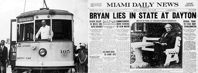 William Jennings Bryan pitching Coral Gables real estate in 1925 (left), and the front page of the Miami Daily News on July 17, 1925. 