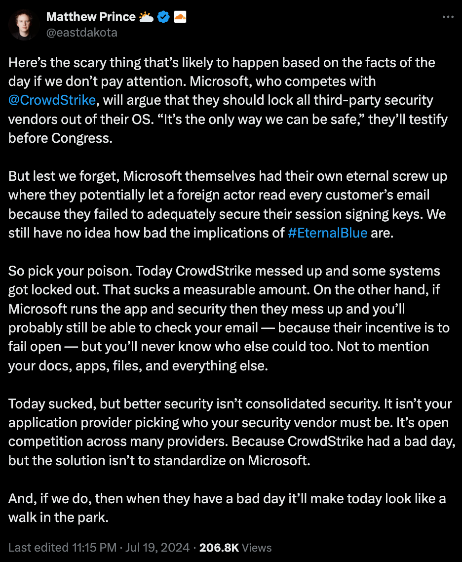 Tweet from Cloudflare's Matthew Prince on the opportunity that the CrowdStrike incident presents to Microsoft to argue to consolidate security.