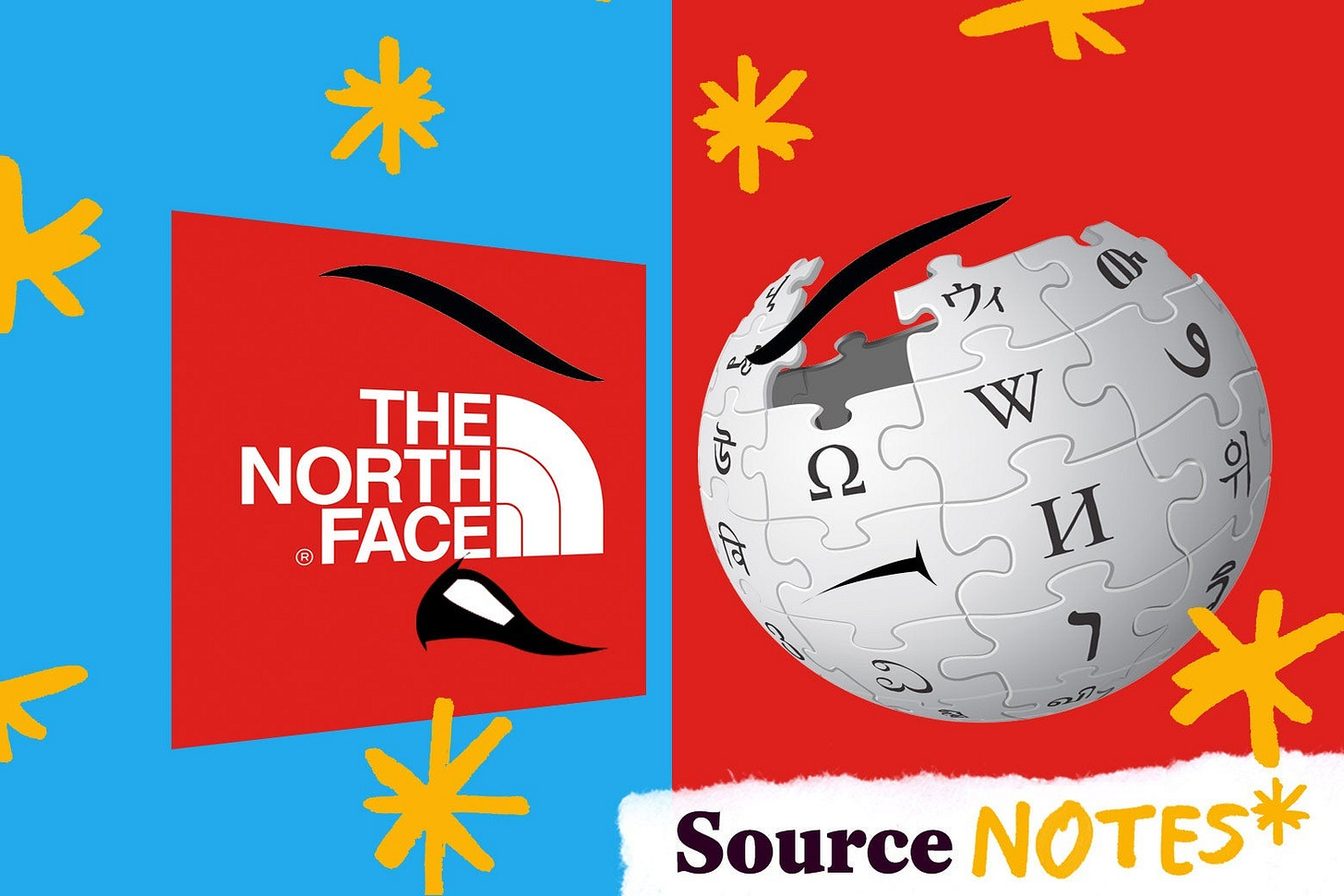 Illustration: An anthropomorphized North Face logo scowls at a frowning Wikipedia logo.