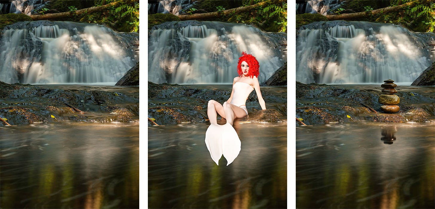 Three versions of the same photo of a waterfall: one as it was photographed; one with a terrible rendering of a red-haired mermaid; and one with a decently-rendered cairn of rocks.
