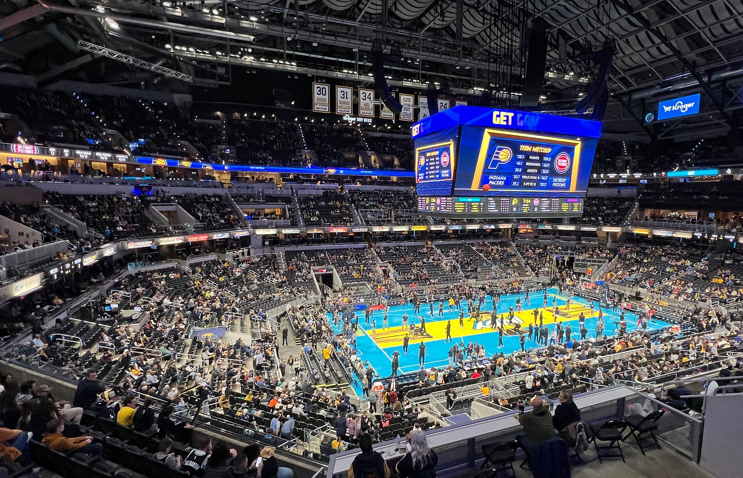 Wide shot of the Pacers' home floor for the in-season tournament.