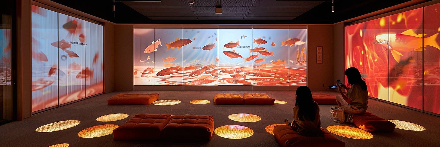 A modern multimedia installation room with orange floor cushions, displaying large screens of animated koi fish swimming in a serene, digitally-created pond environment, creating a tranquil and immersive viewing experience.