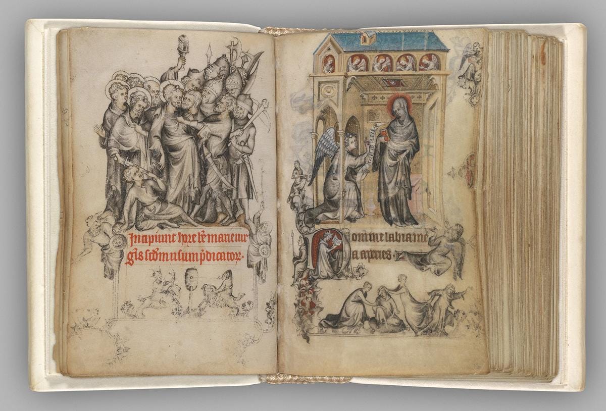  Folios 15v-16r, The Betrayal of Christ / The Annunciation from "The Hours of Jeanne d'Evreux, Queen of France," circa 1324–1328, by Jean Pucelle. Grisaille, tempera, and ink on vellum; single folio: 3 5/8 inches by 2 7/16 inches. The Metropolitan Museum of Art, New York City. (Public Domain)