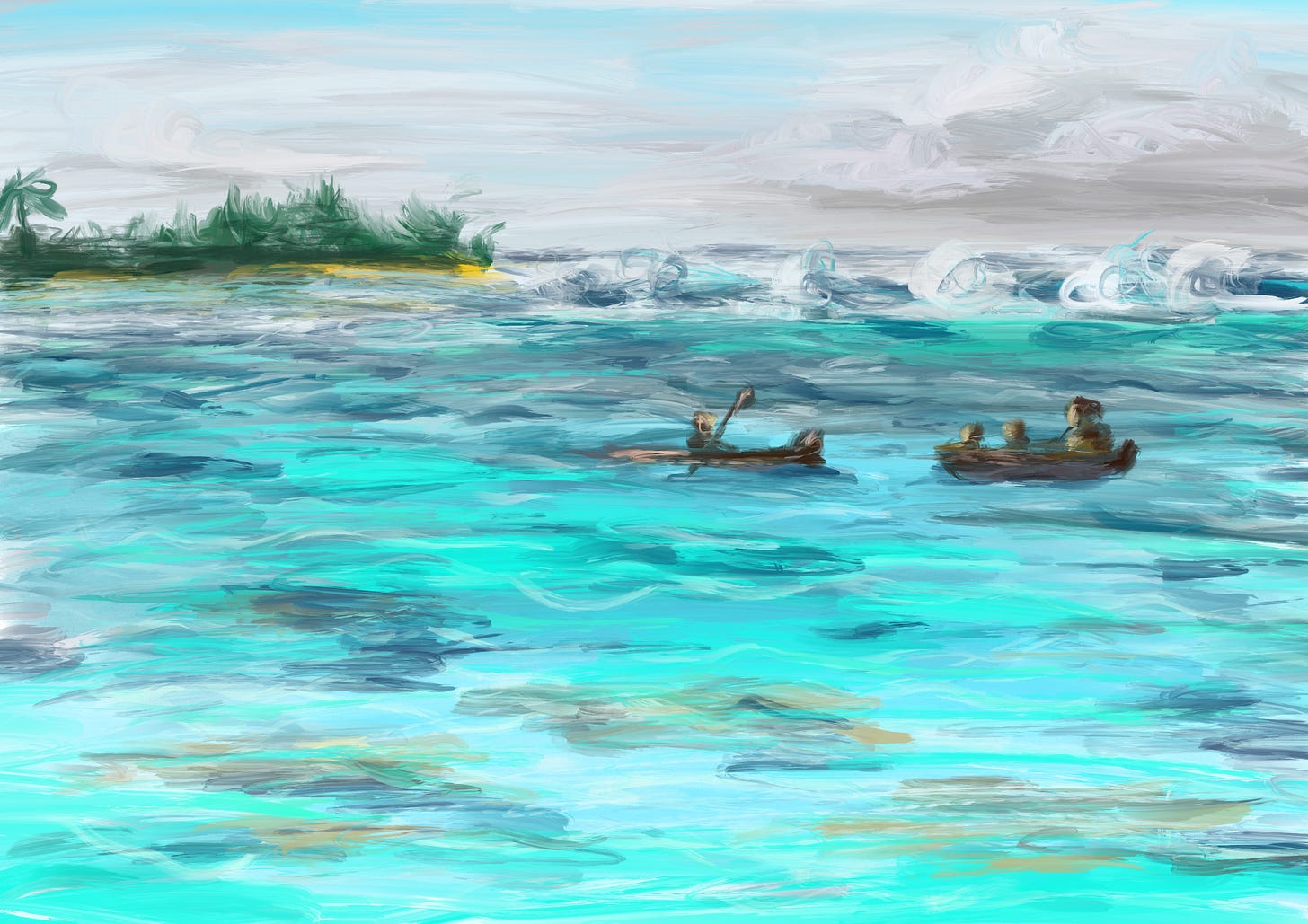 A digital painting of a bright blue ocean with two pirogues.