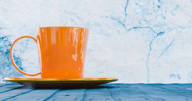 Orange cup with coffee drink on plate on blue wooden table, rest and food theme, 3d illustration Orange cup with coffee drink on plate on blue wooden table, rest and food theme, 3d illustration, horizontal image  Seek Within stock pictures, royalty-free photos & images