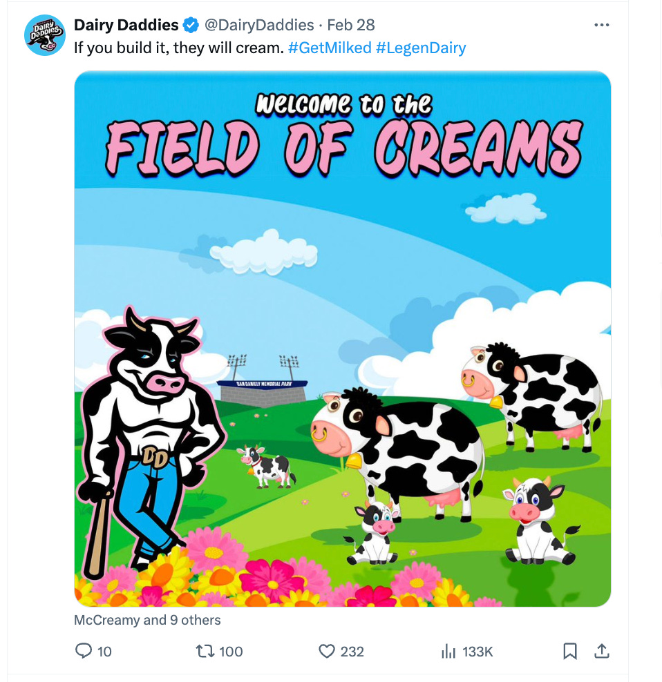 A tweet that reads: If you build it, they will cream with the hashtag #getmilked