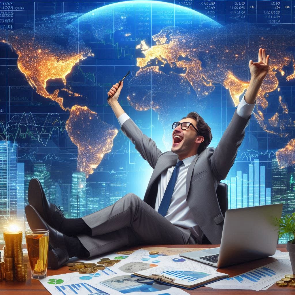 un inversor celebrando por todo lo alto tras descubrir una nueva estrategia de inversión llamada acciones mundiales