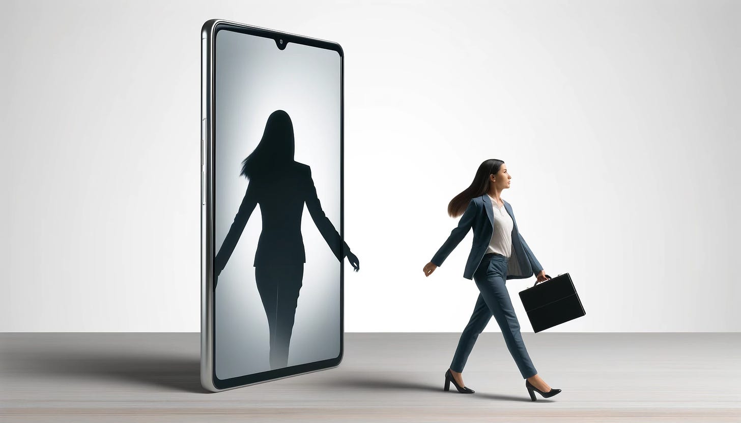 An AI-generated image of a business woman confidently walking away from an oversized smartphone screen. This visual captures her move towards freedom from digital distractions. 