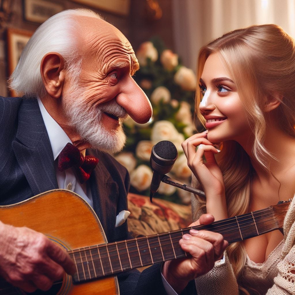 Cyrano Durante singing to a beautiful blond. Image by Bing