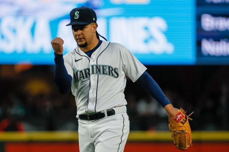 Mariners’ pitcher Luis Castillo celebrates against the Guardians Thursday evening at T-Mobile Park in Seattle, Washington on March 30, 2023.  (Kevin Clark / The Seattle Times)