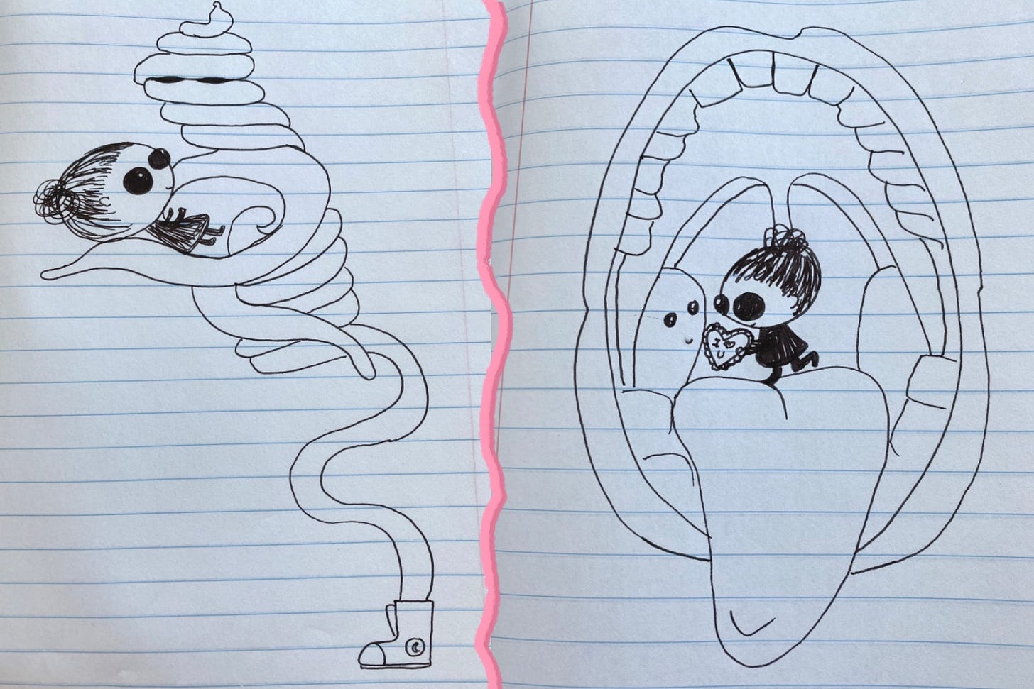 Two more ink drawings of the same big-headed, big-eyed figure from earlier. In one drawing, she is being carried like a baby by an enormous swirly alien. She looks up at the alien with awe. In the second drawing, the figure is tiny, standing on the tongue of a human mouth, looking elated, offering a box of chocolates to a bashful-looking tonsil.