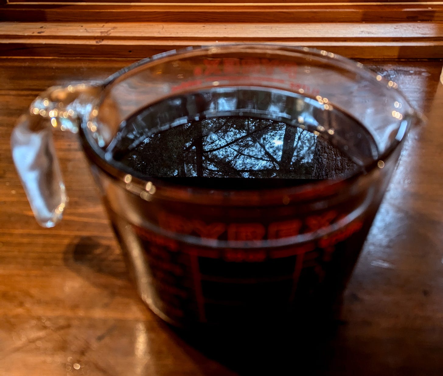 Ruby red solstice wort olive oil in a pyrex jar with the reflection of trees from the window outside on a wooden kitchen counter. Ruby red solstice wort olive oil in a pyrex jar with the reflection of trees from the window outside on a wooden kitchen counter.