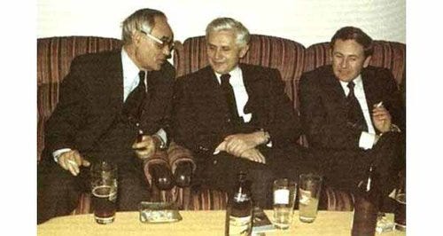 Karl Raher (left) sharing conversation and a beer with Joseph Ratzinger, later Pope Benedict XVI (middle)