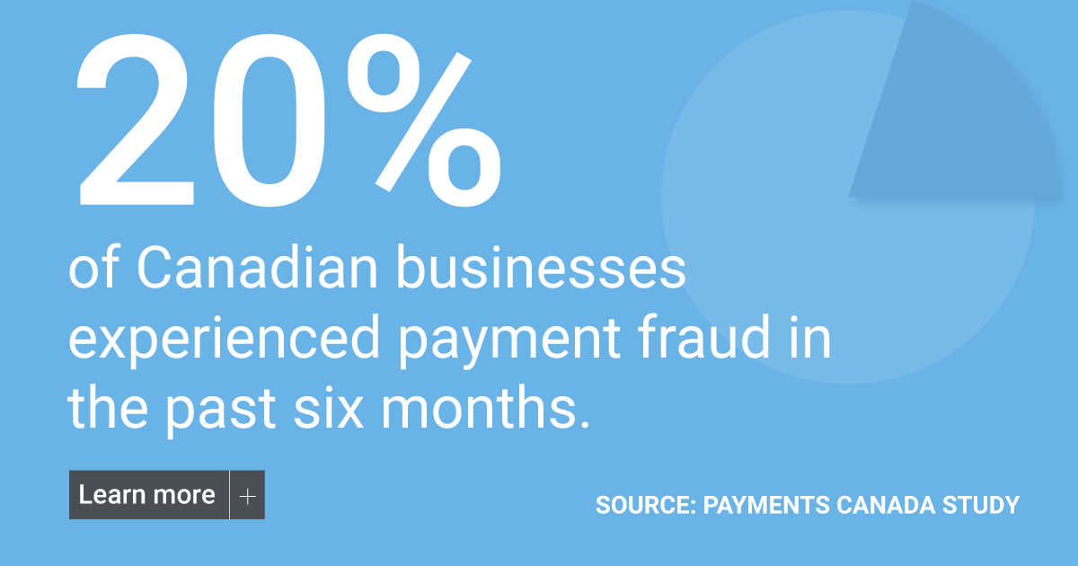 White text on a blue background: "20 per cent of Canadian businesses experienced payment fraud in the past six months". Dark grey "read more" button on the bottom left. "Source: Payments Canada study" on the bottom right. 