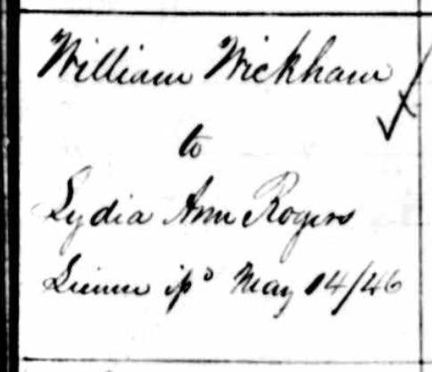 detail from marriage record of William Wickham and Lydia Ann Rogers