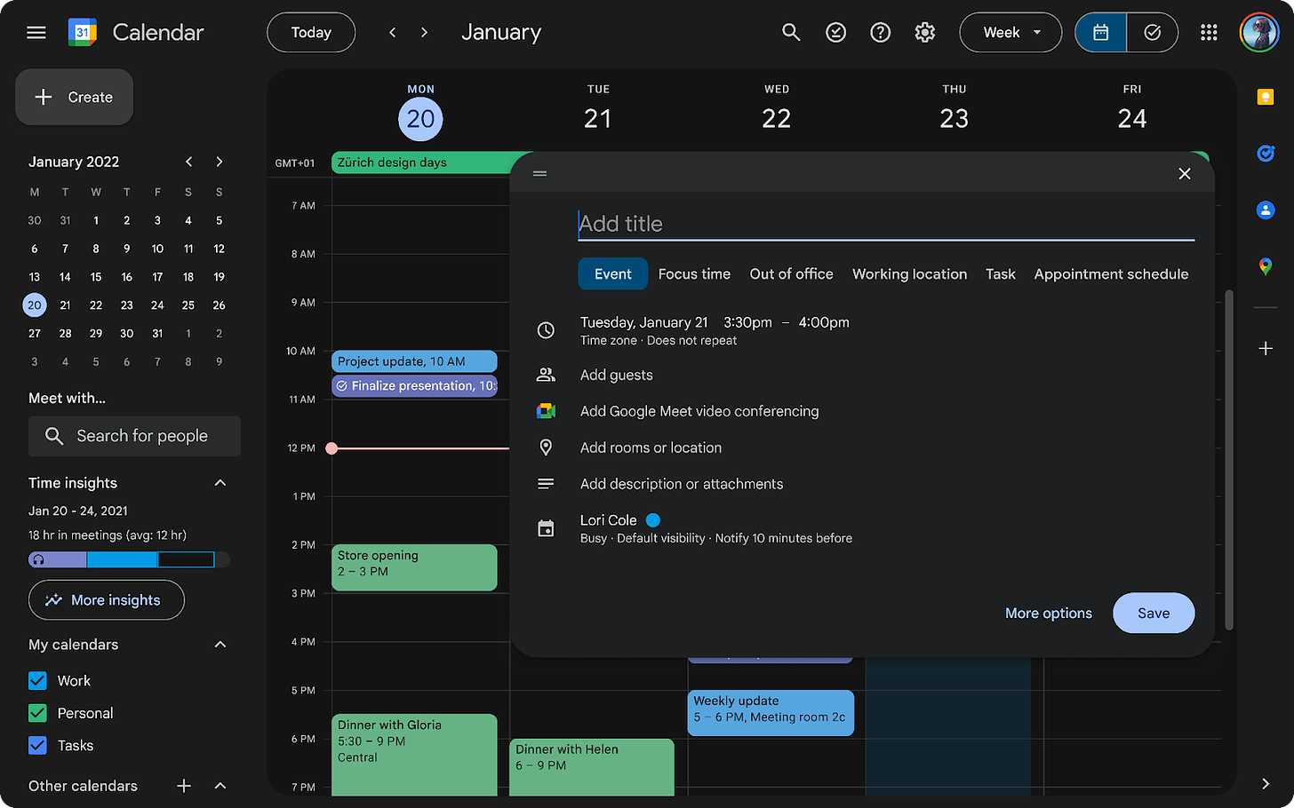 Google Calendar dark mode desktop web