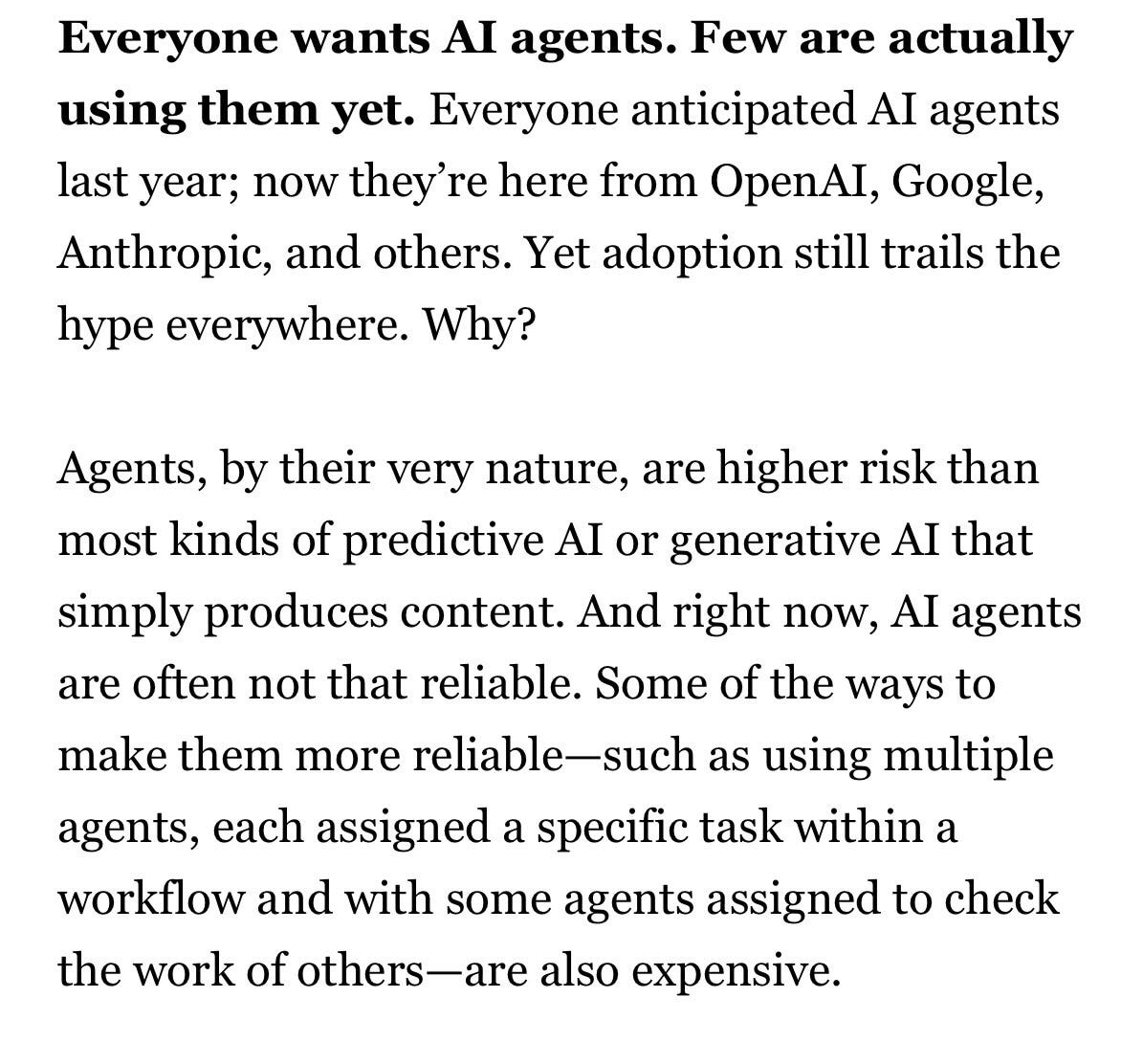 A quote from Jeremy Kahn at Fortune highlighting that while AI agent demos look great, they often fail at basic tasks in the real world.
