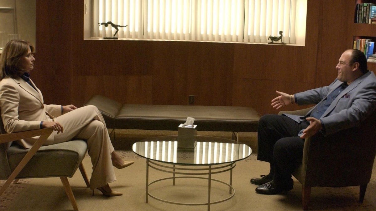 Dr Melfi (Lorraine Bracco) and Tony Soprano (James Gandolfini) in a therapy session on an episode of The Sopranos