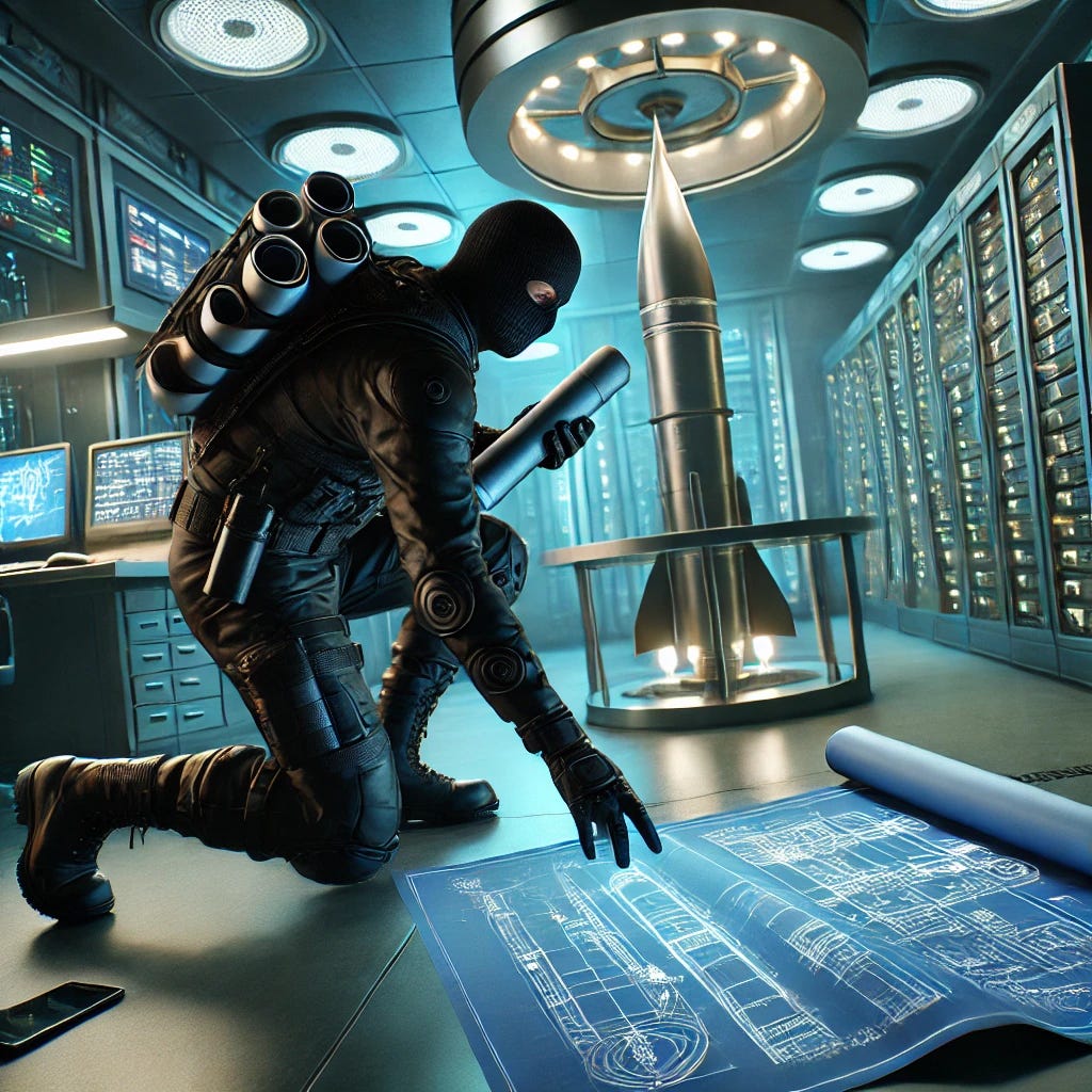 A detailed scene of a thief stealing blueprints for a missile from a secure facility. The thief is dressed in black tactical gear, crouched near a table or vault, holding rolled-up blueprints that show diagrams of a missile. The room is dimly lit with soft blue and green lighting, giving a high-tech atmosphere. Security cameras, glowing control panels, and monitors in the background add to the tension. The blueprints have visible missile schematics with glowing lines to emphasize their importance.