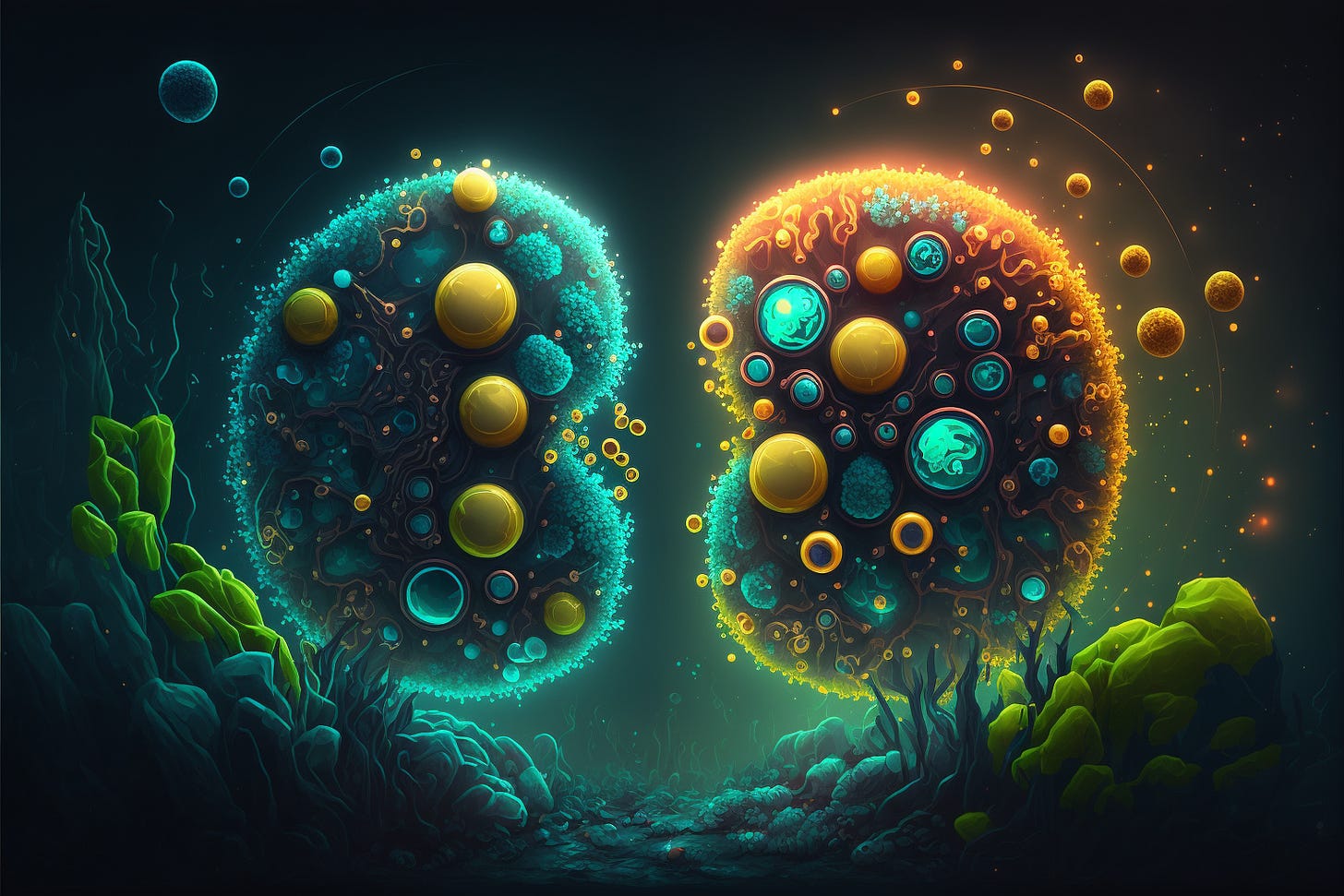 2 bacteria cells fighting each other, video game environment, 2d game art landscape, beautiful