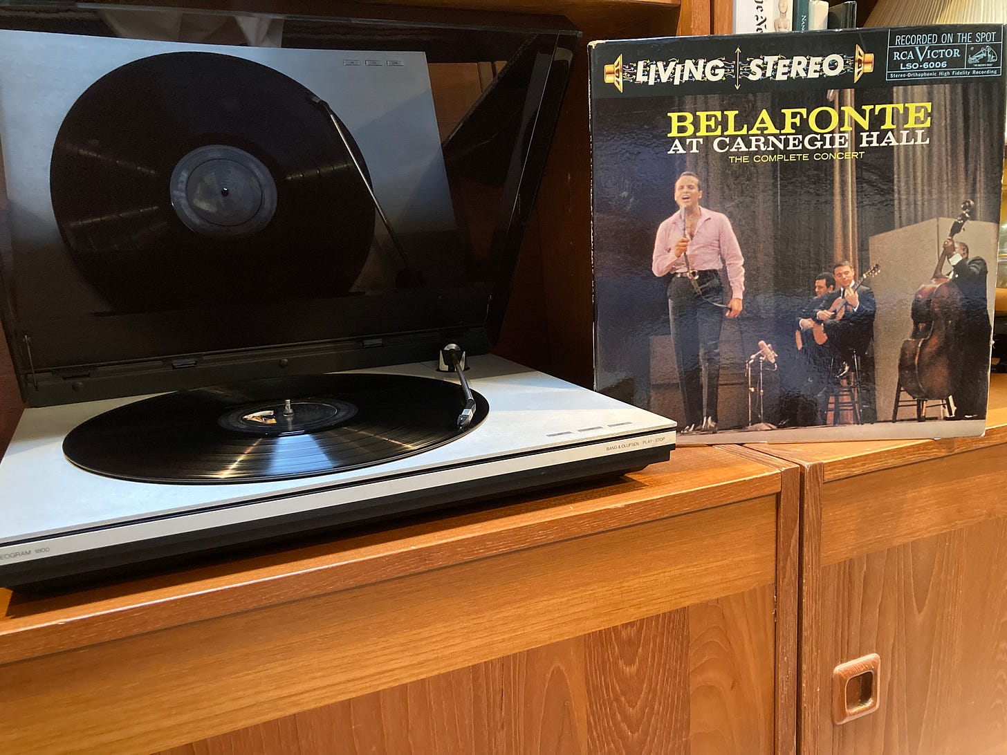 Author photo of turntable with album cover of Belafonte concert 