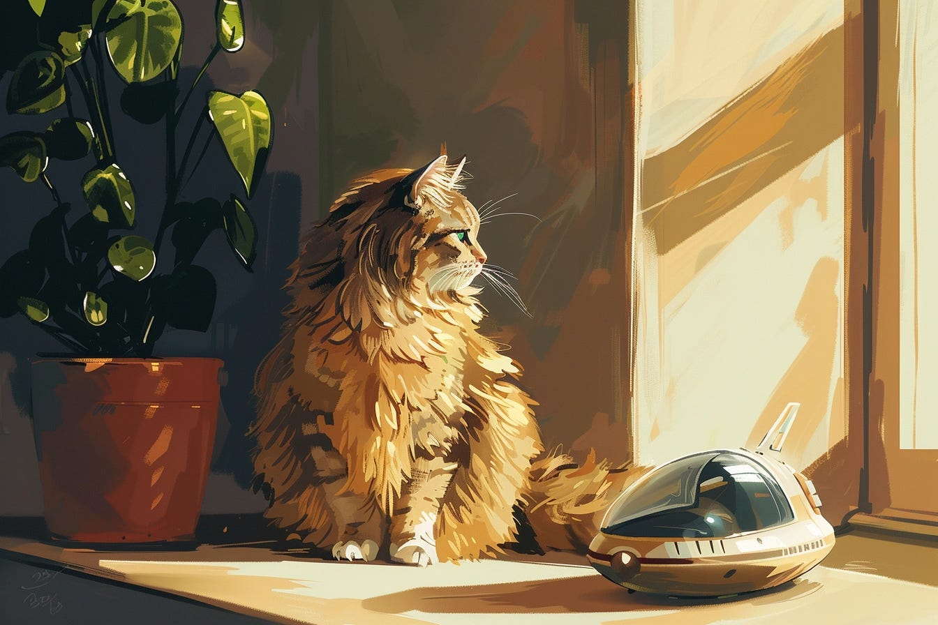 A computer generated illustration of a fluffy orange cat sitting on a counter looking out a window. Next to the cat is a house plant and a small space ship.