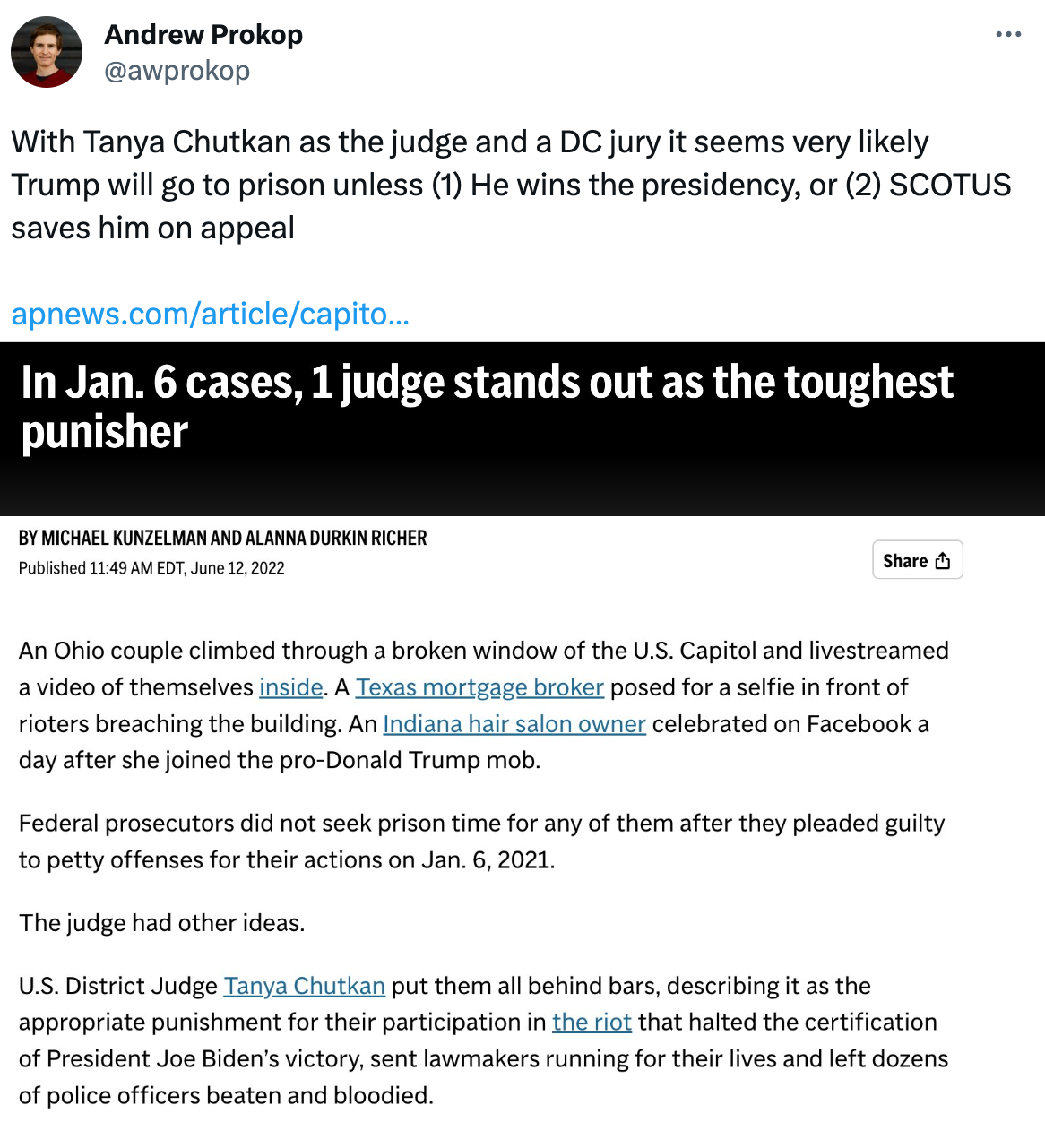  Andrew Prokop @awprokop With Tanya Chutkan as the judge and a DC jury it seems very likely Trump will go to prison unless (1) He wins the presidency, or (2) SCOTUS saves him on appeal  https://apnews.com/article/capitol-siege-only-on-ap-donald-trump-government-and-politics-sentencing-de394dd56b3251aac5a50014f4d6afa7